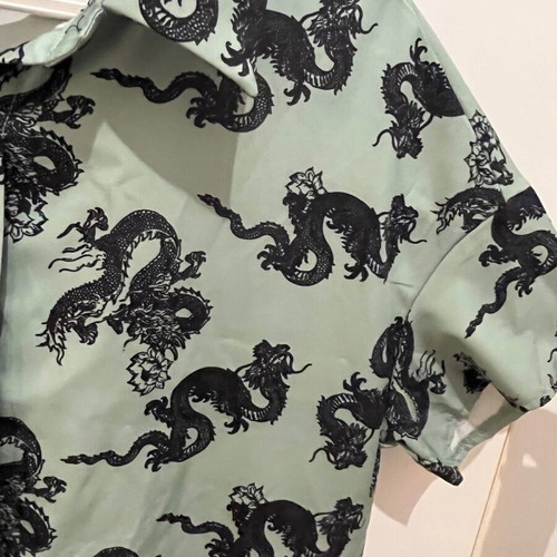 Shirt blouse short-sleeve green and black with dragon print, new