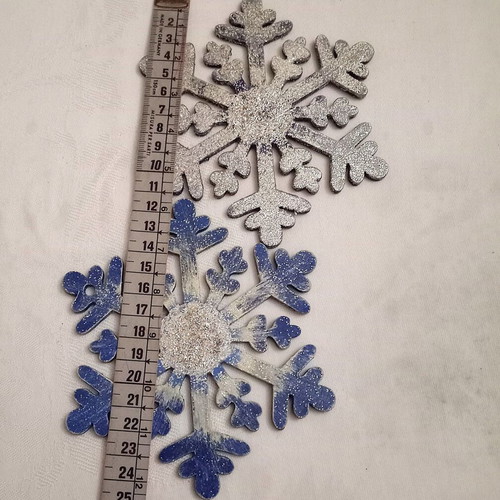 Wooden snowflake elements used, pack of 2, blue with silver glitter