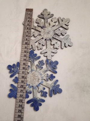 Wooden snowflake elements used, pack of 2, blue with silver glitter
