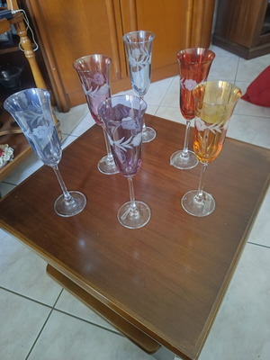Colored crystal glasses set like new, 6 champagne, 6 wine, 6 water, 6 liqueur