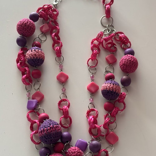 Handmade boho statement necklace with crochet and wooden beads