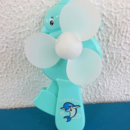 Children's fan like new with 3 blades and manual handle, blue with dolphin design