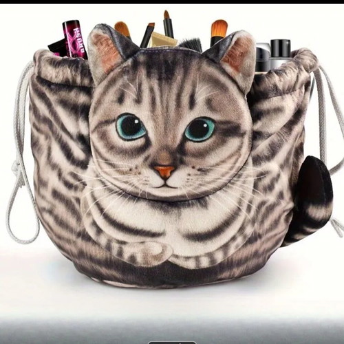 Cosmetic pouch bag cat velvet new, beige and brown
