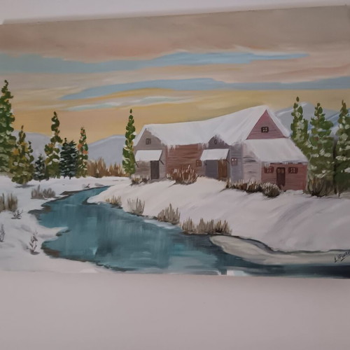 Wall decoration painting like new with house in snowy landscape