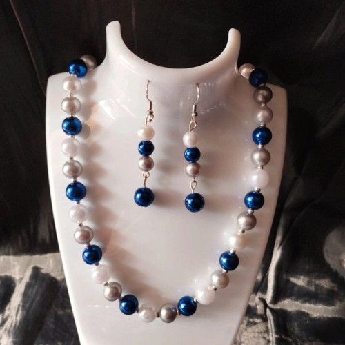 Handmade blue white beaded necklace, earrings and bracelet