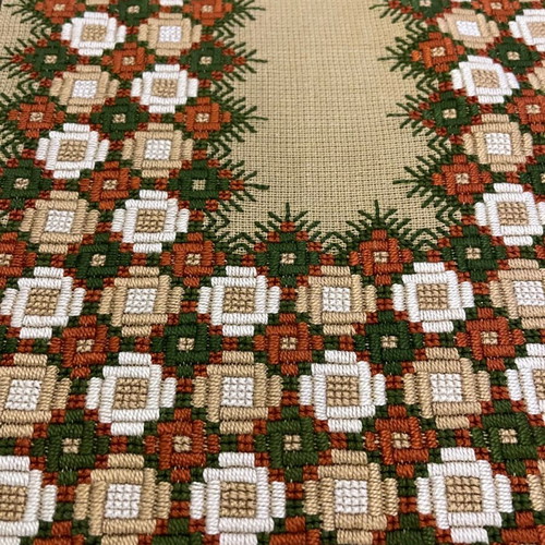 Vintage handmade table runner 68x28cm with dense geometric embroidery used