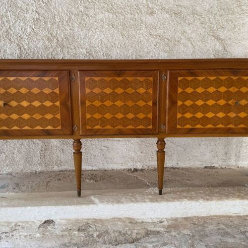 Vintage wooden buffet with marquetry used, 252 cm