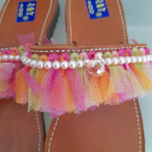 Leather sandals size 38 new with pearls and tulle