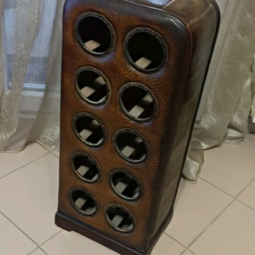 Handmade drinks cabinet used, for 10 bottles, leather and wood