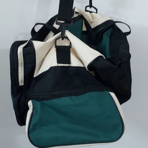 Travel bag large with central and side pockets used, black beige green