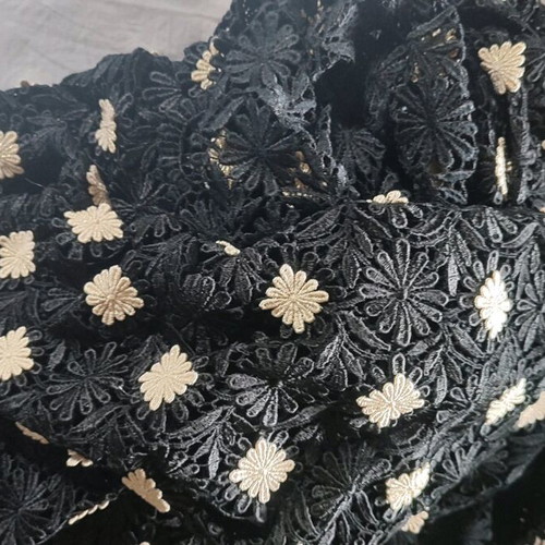 Black guipure lace with gold flowers new for formal wear
