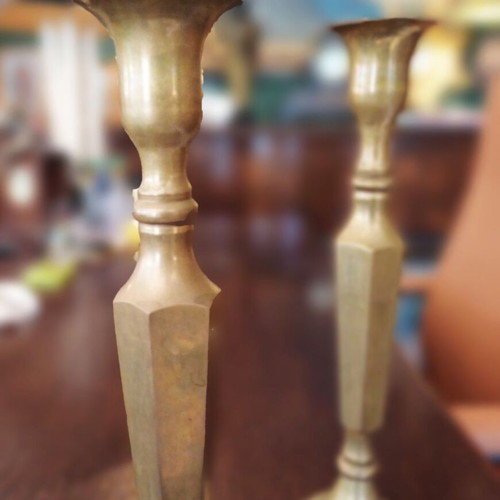 Brass Candlesticks Set like new with Geometric Design