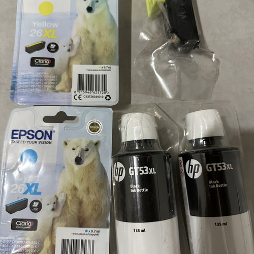HP GT53XL black ink bottles 135ml, Epson 26XL cyan and yellow ink cartridges