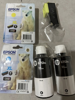 HP GT53XL black ink bottles 135ml, Epson 26XL cyan and yellow ink cartridges