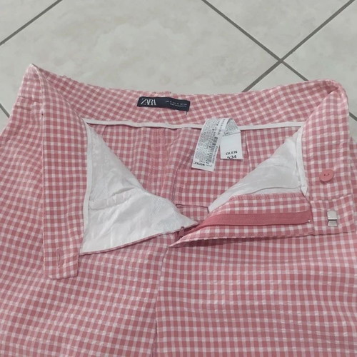 Zara pants carreaux vichy dusty pink M ankle length like new