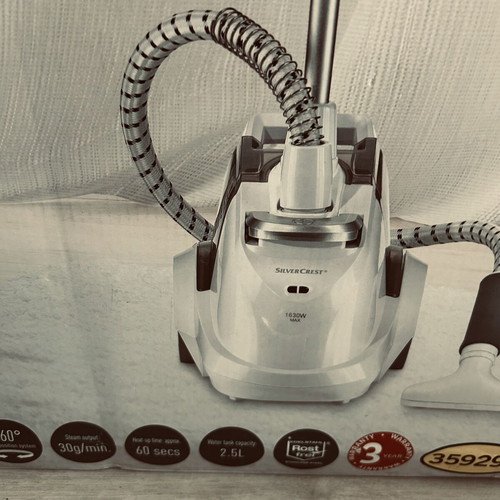 Vertical garment steamer with hanger and accessories