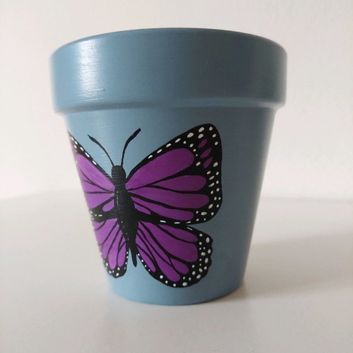 Hand-painted clay flowerpot new with butterfly design