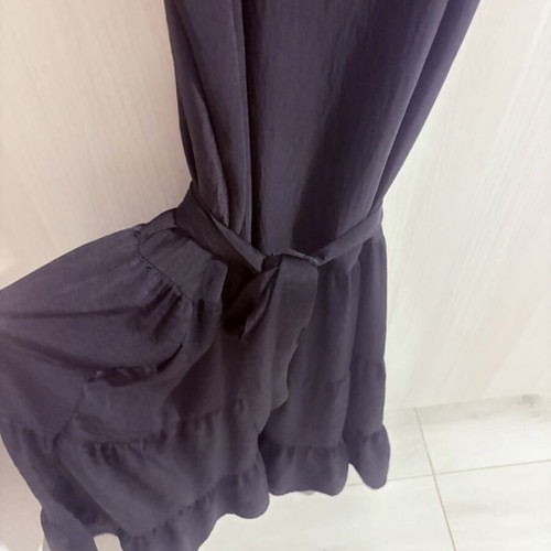Black satin dress with belt, like new, 3/4 length