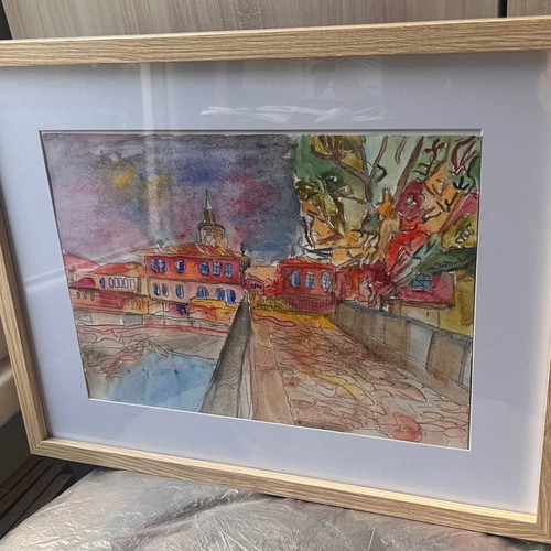Original watercolor painting Tryavna, framed with passepartout, 30x40 cm