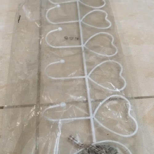 Metal wall clothes hanger new, six hooks, white with heart decorations