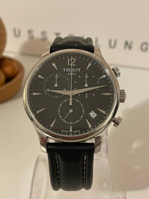 Tissot T-Classic Tradition watch used, black dial, leather strap