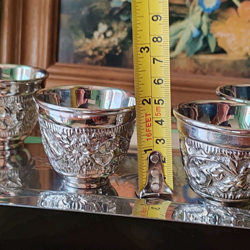 Silver-plated sake set like new with 4 cups and tray with brass handles