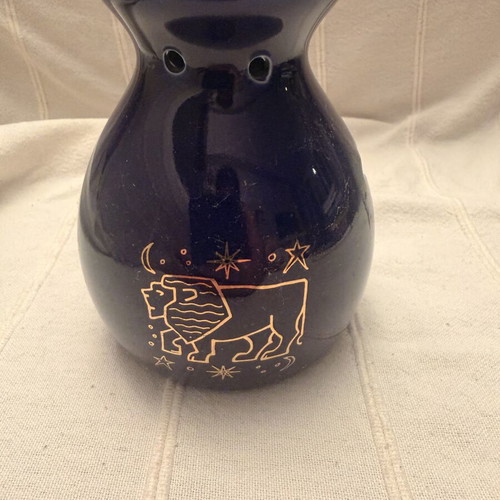 Zodiac Leo Wax Burner used, navy blue ceramic with gold designs