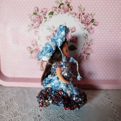 Miniature Doll New with Handmade Dress and Hat 10cm