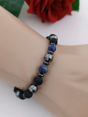 Men's elastic bracelet with lapis lazuli, black agate & hematite