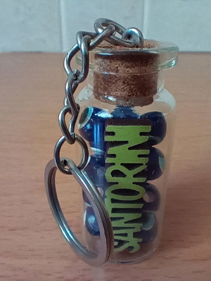 Santorini souvenir keychain new, glass bottle with blue beads