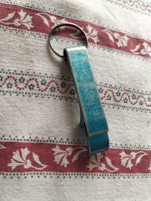 Keychain bottle opener used, white and blue