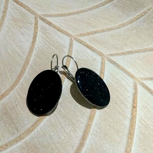 Handmade steel oval earrings with black iridescent liquid glass new