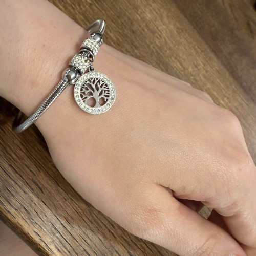 Steel bracelet with tree of life design and zirconia, new