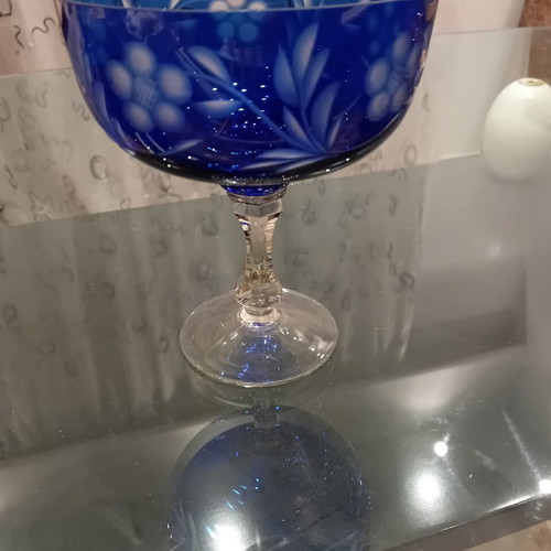 Vintage Bohemia cobalt blue crystal fondue bowl with floral carving, like new