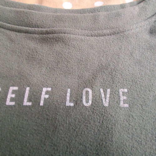 Khaki sweatshirt with Self Love print used, women's size M