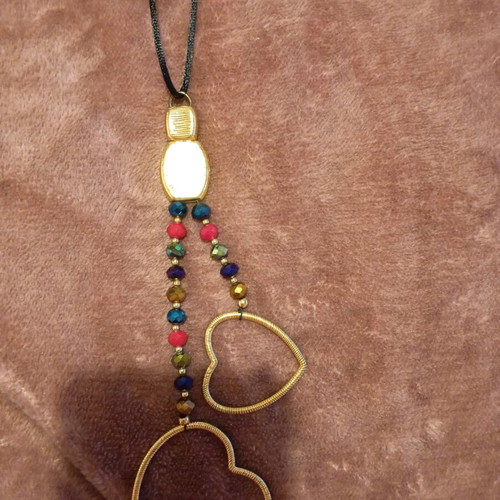 Long necklace like new with adjustable length, rhinestones, steel hearts, handmade