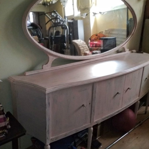 Buffet with mirror used, 230x102x50 cm, chalk white pink color, bronze base