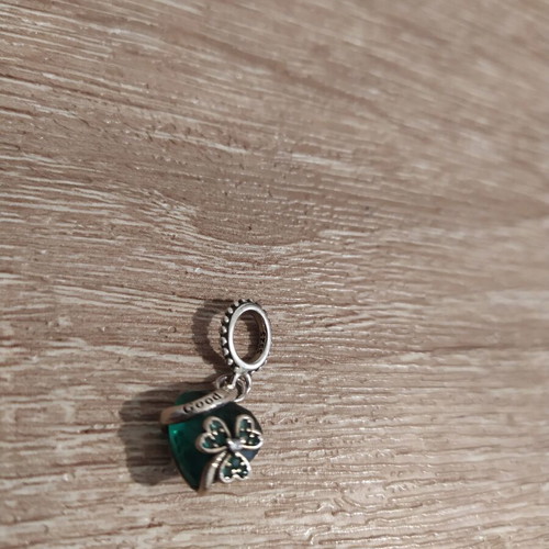 Pandora 925 silver bracelet with 2 charms, green heart and glowing dog