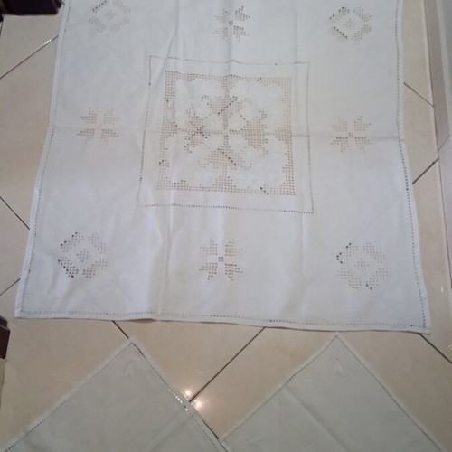 Handmade white table linen set with one large and two small doilies