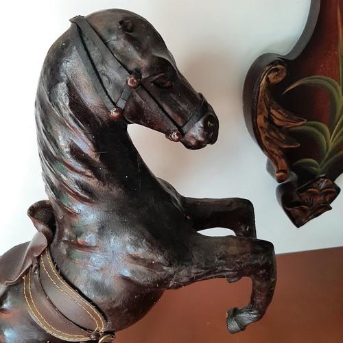 Vintage handmade leather horse used, 1960s decoration