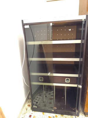 Vintage wooden cabinet with silver details, shelves and glass doors