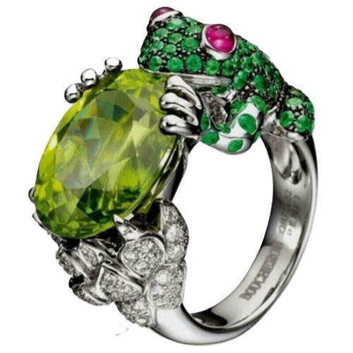 Frog-shaped ring with green cubic zirconia, new, bohemian style