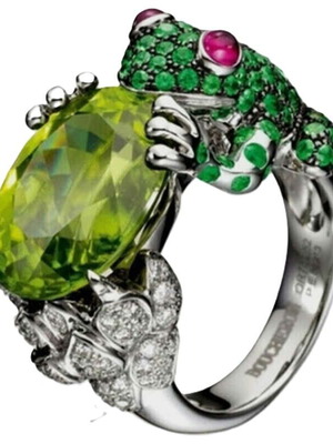 Frog-shaped ring with green cubic zirconia, new, bohemian style
