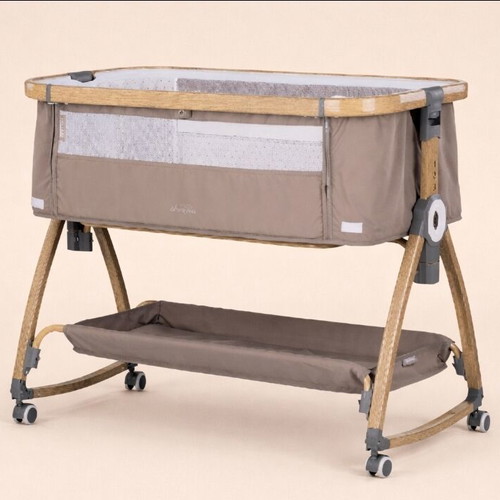 Chipolino gray baby cot used with Grecostrom mattress and mosquito net