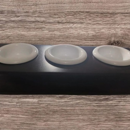 Serving set for sauces with 3 ceramic bowls on black base, new