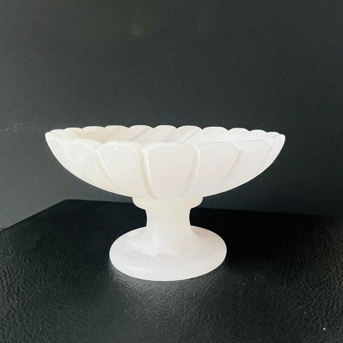 Vintage Italian Pedestal Bowl made of Genuine Pink Alabaster, hand-carved, used