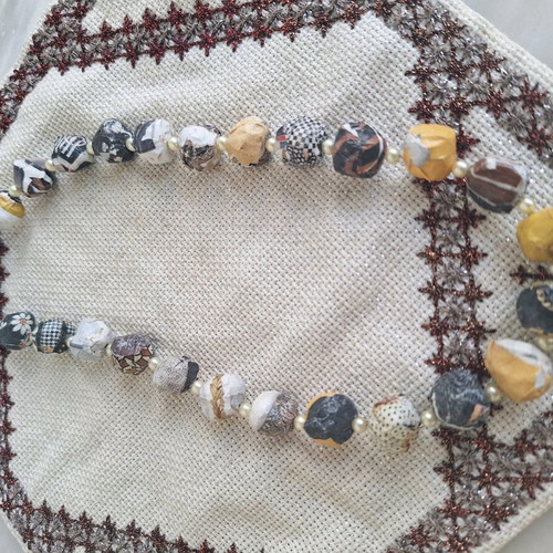 Papier-mâché necklace handmade made to order, yellow and black and white