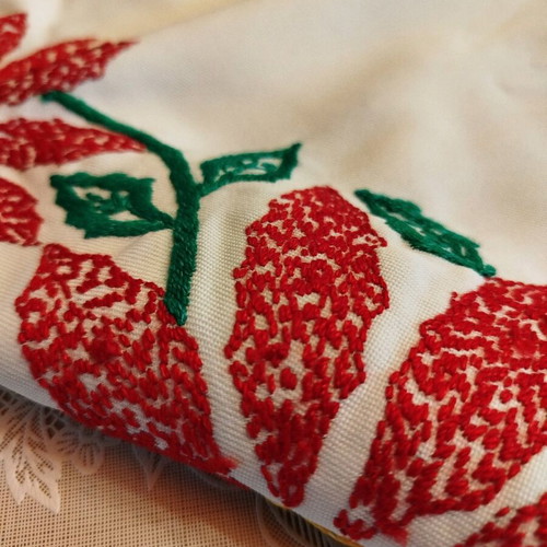 Christmas handmade vintage tablecloth used with embroidery and knitted border