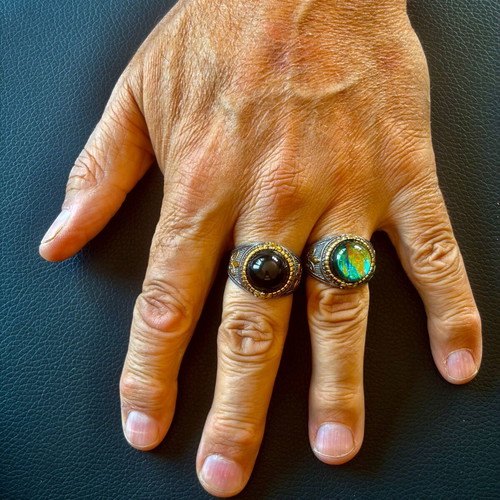 Chameleon Stone Gothic Ring new, stainless steel, green and gold