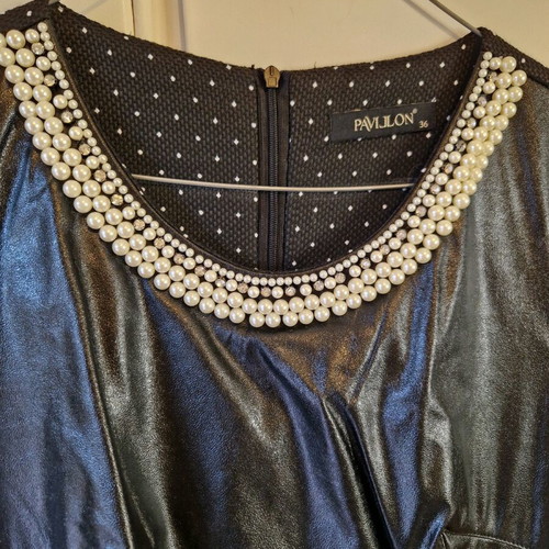Black polka dot dress like new with leather details and pearls, size S